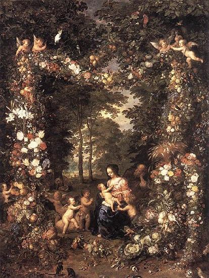 Jan Brueghel The Elder Heilige Familie in einem Blumen und Fruchtekranz oil painting image